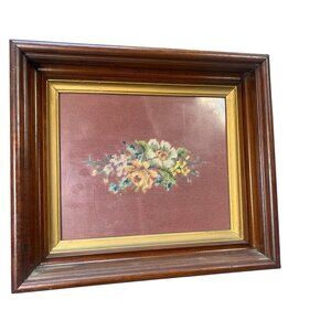 Vintage Framed Floral Needlepoint Art with Wood Frame & Glass Cover
